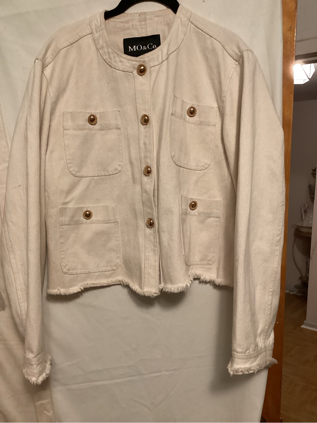 Mo & Co Short Cropped Frayed Hem Denim Jacket With Gold Large Button Sz S — image 2 of 8